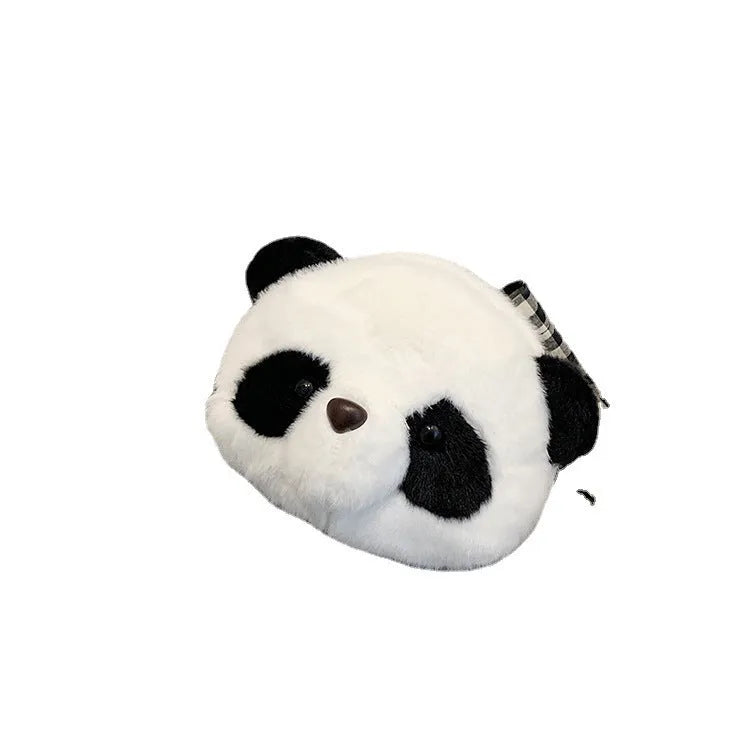 Plush cylindrical crossbody bag with panda head design measuring 18cm