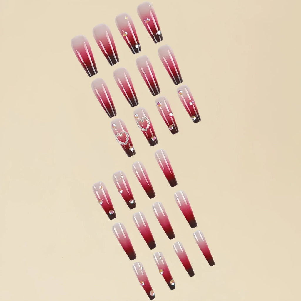 Wine red gradient plaid pattern fake nail tips with pearl heart detailing in ballet style