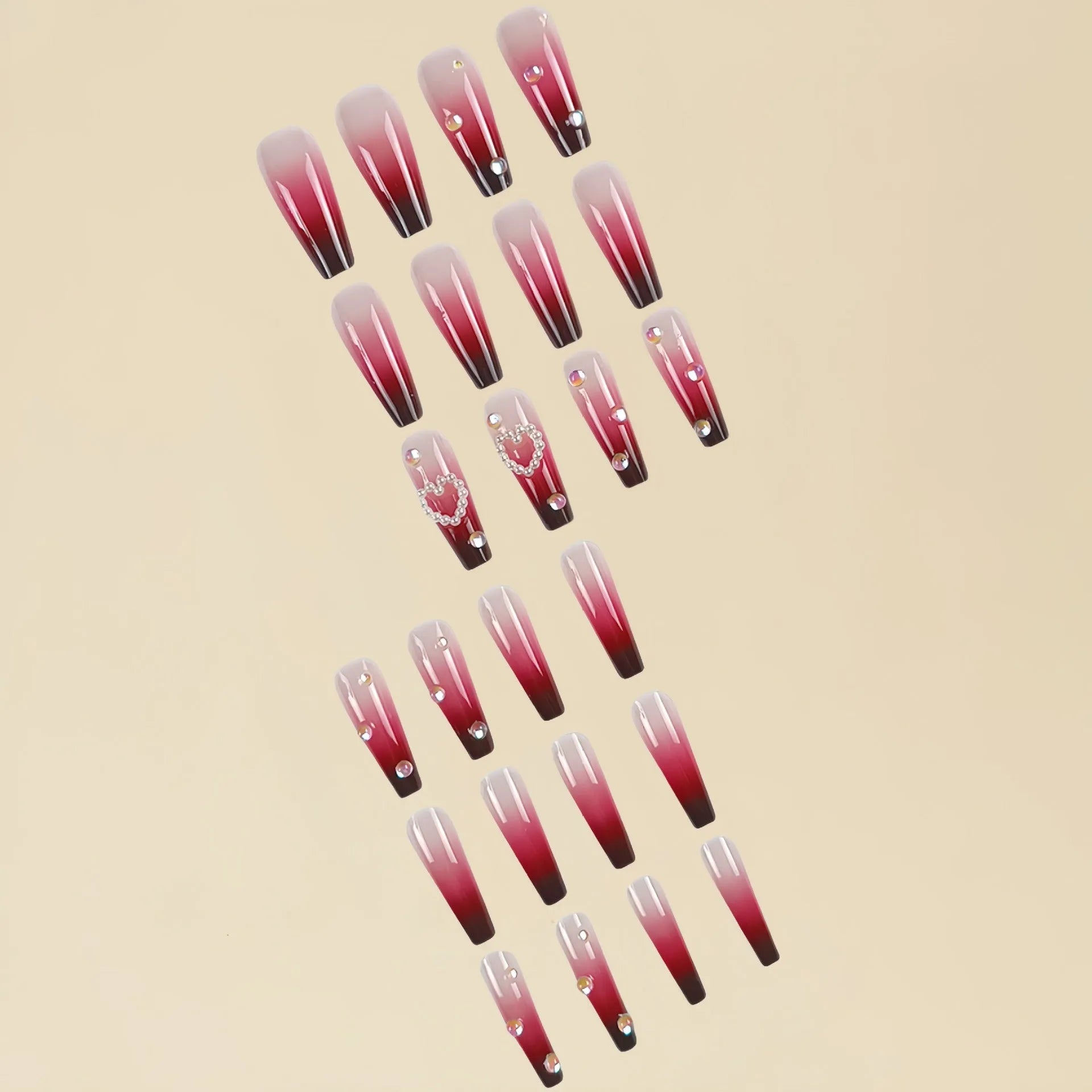 Wine red gradient plaid pattern fake nail tips with pearl heart detailing in ballet style