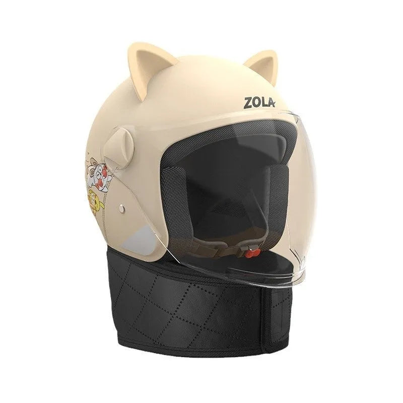Winter electric bicycle helmet with anti-fog visor and attached detachable scarf in blue colour.