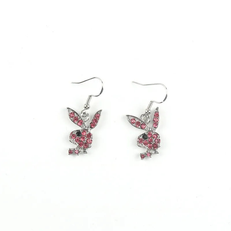 Rabbit-shaped stud earrings covered in crystals with butterfly clutch fastenings in silver, pink and gold colours