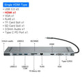 Grey aluminium alloy ten port docking station with integrated laptop cooling bracket showing HDMI, VGA, and USB ports