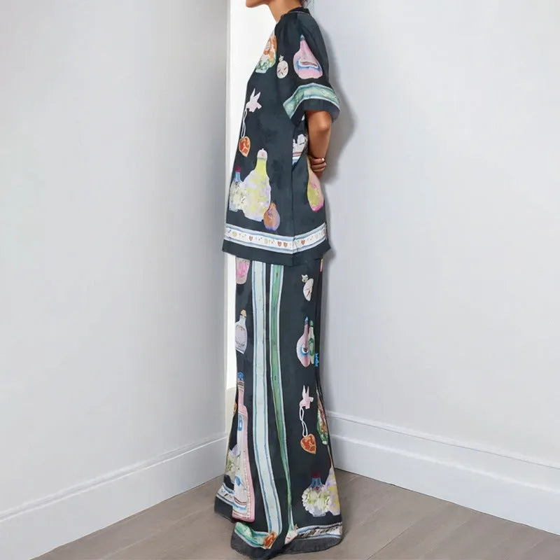 Black women's cardigan and trousers set with cartoon pattern in sizes S M L XL 2XL 3XL