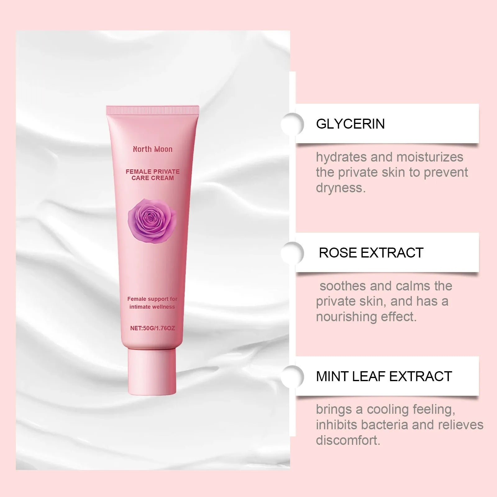 50g moisturising cream tub with rose and peppermint extracts for daily hydration of dry skin