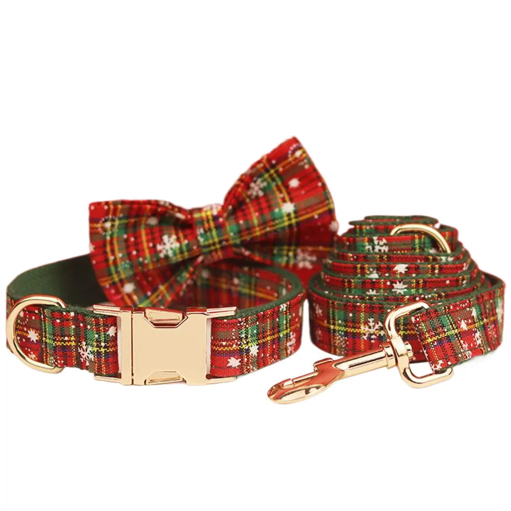 Green background snowflake Christmas pet collar set with dog leash bow and vest in cloth material