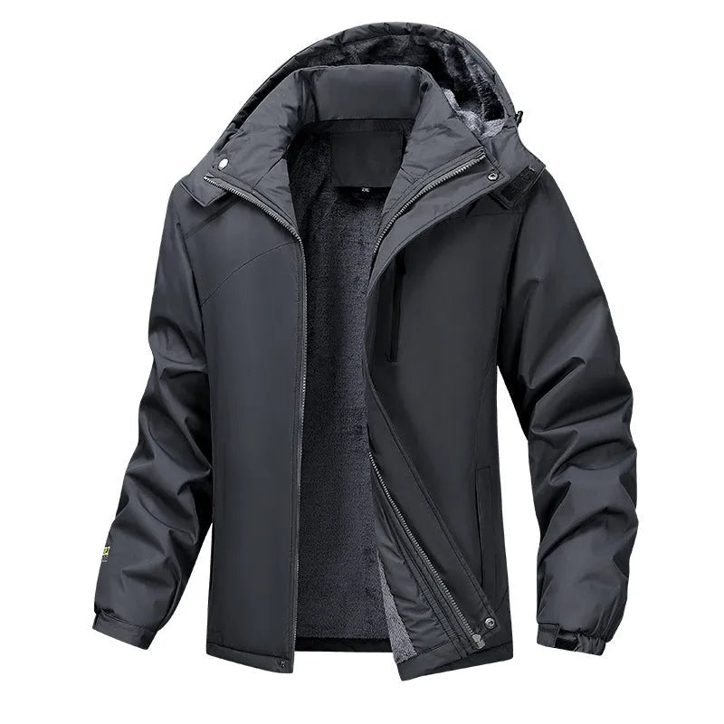 Men's army green plus size waterproof hooded coat on a hanger