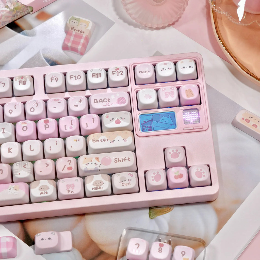 MOA Height Full Five-sided Sublimation Key Caps in pink with cartoon artwork on mechanical keyboard
