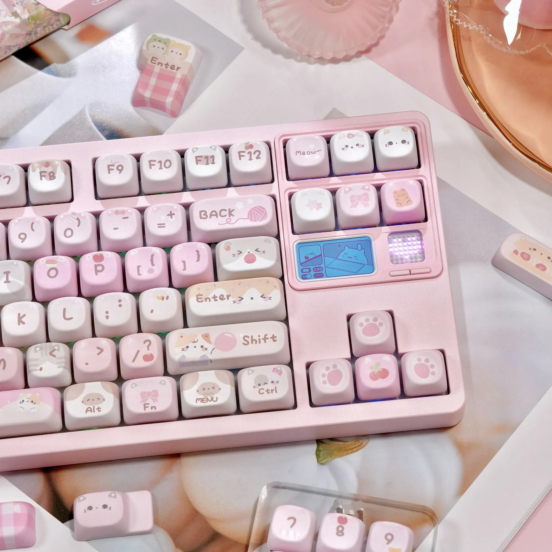 MOA Height Full Five-sided Sublimation Key Caps in pink with cartoon artwork on mechanical keyboard