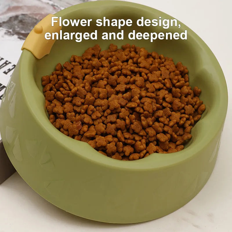 Green flower-shaped plastic pet bowl for cat or small dog food and water