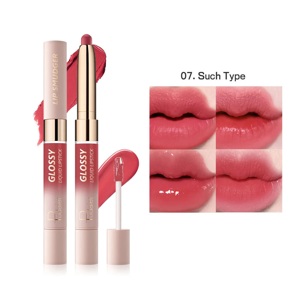 Double-headed lipstick and lip gloss cosmetic in 10 colour options with matte finish