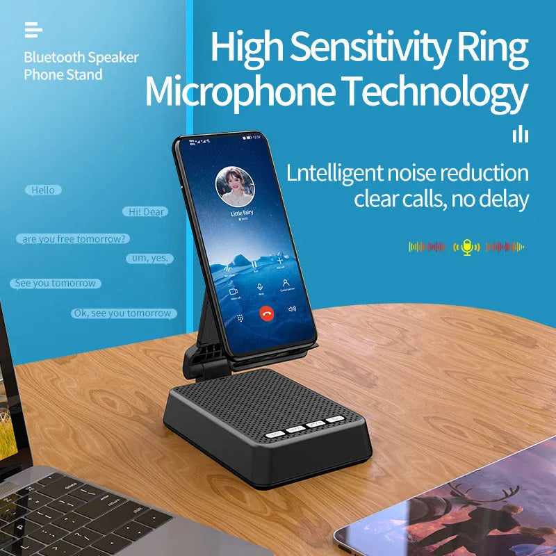 Black mobile phone broadcaster stand with integrated Bluetooth speaker and HD microphone on a desk.