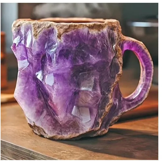Resin mineral crystal coffee mug with handle showing 3D crystal appearance