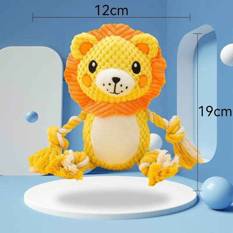 Two plush squeaky dog toys: yellow lion design and brown monkey design with internal squeakers