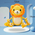 Two plush squeaky dog toys: yellow lion design and brown monkey design with internal squeakers