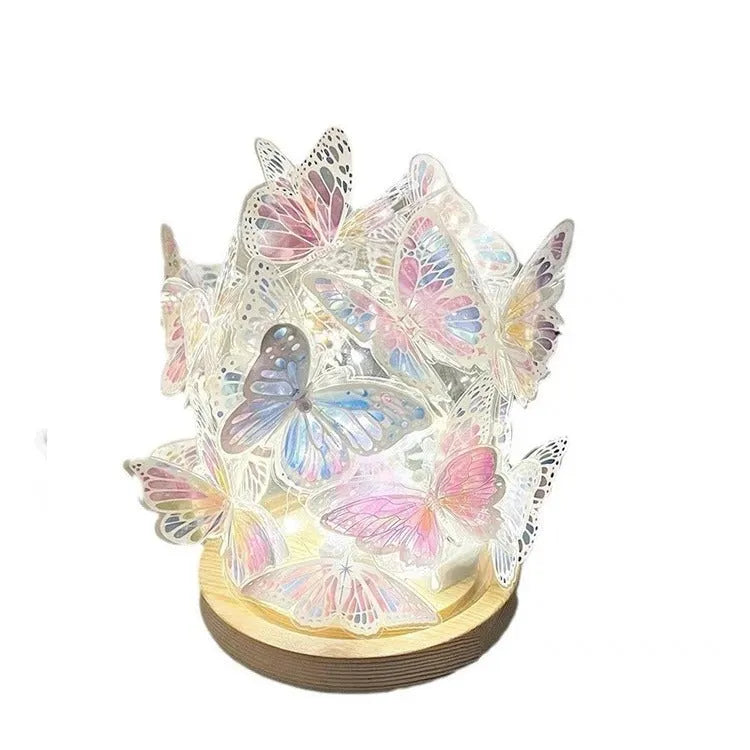 Butterfly night light DIY kit with glass lampshade and raw wood base measuring 12x15cm