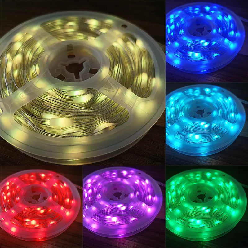 10 metre long multicolour LED party light string with 100 bulbs showing various flashing modes.