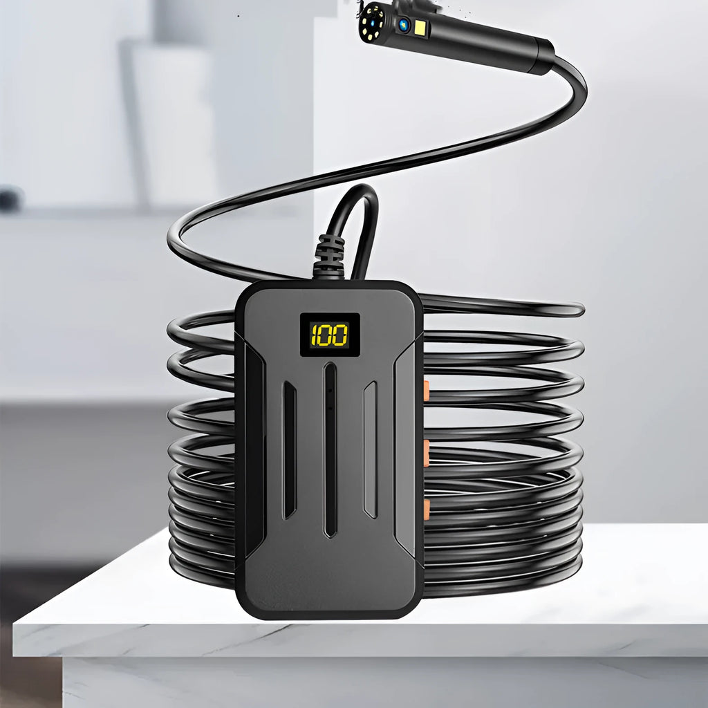 Wireless dual lens endoscope with 5.5mm and 8mm probe diameter options showing magnet and hook accessories