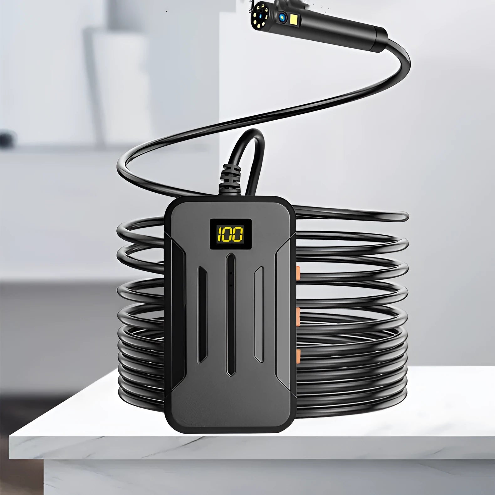 Wireless dual lens endoscope with 5.5mm and 8mm probe diameter options showing magnet and hook accessories