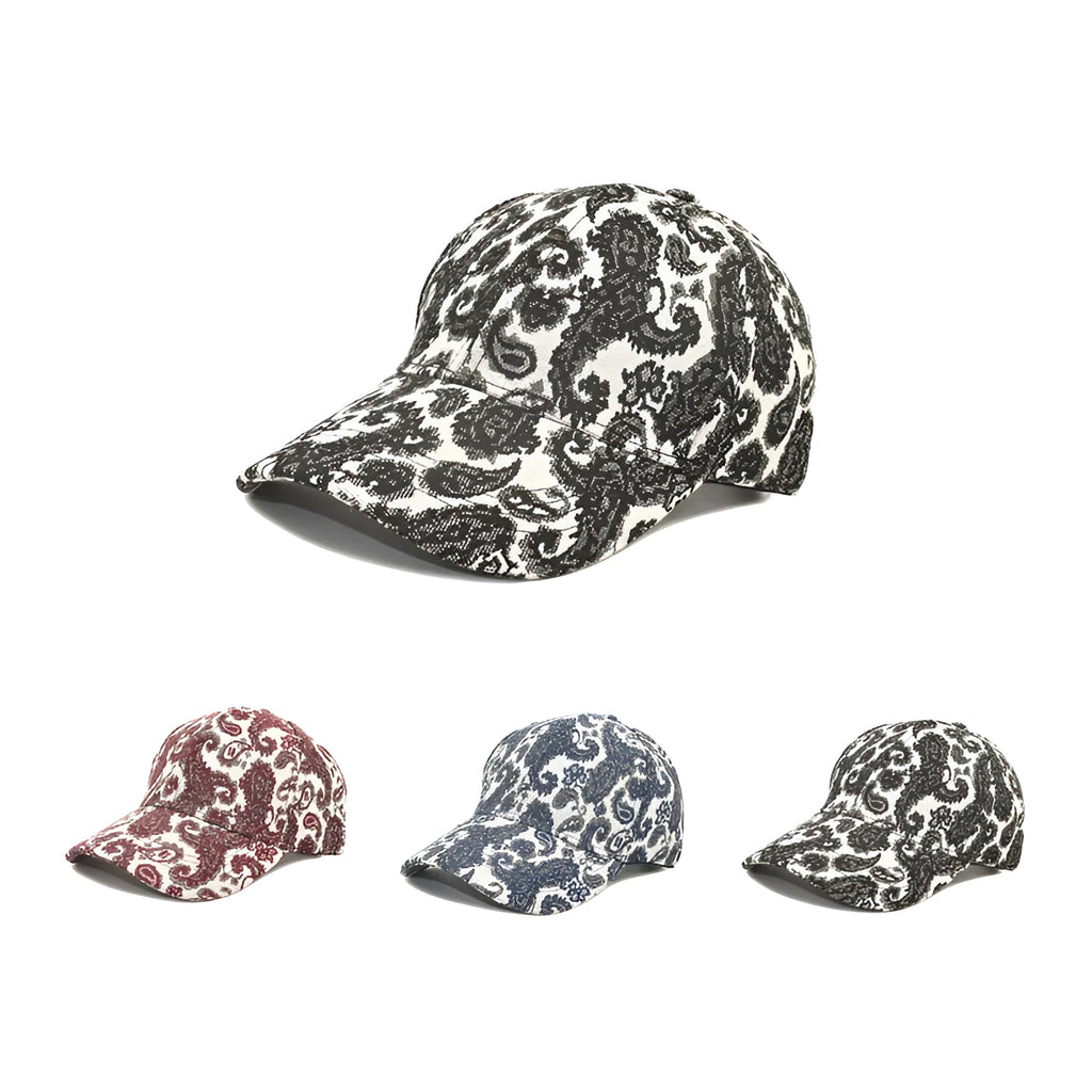 Polyester baseball cap with a paisley pattern print in blue, featuring a dome crown.