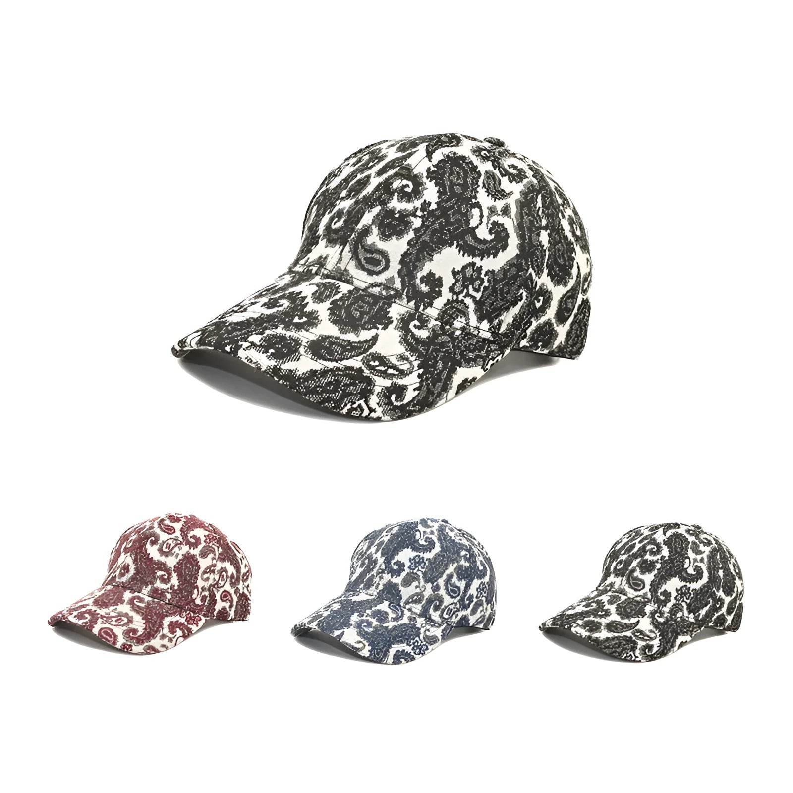 Polyester baseball cap with a paisley pattern print in blue, featuring a dome crown.