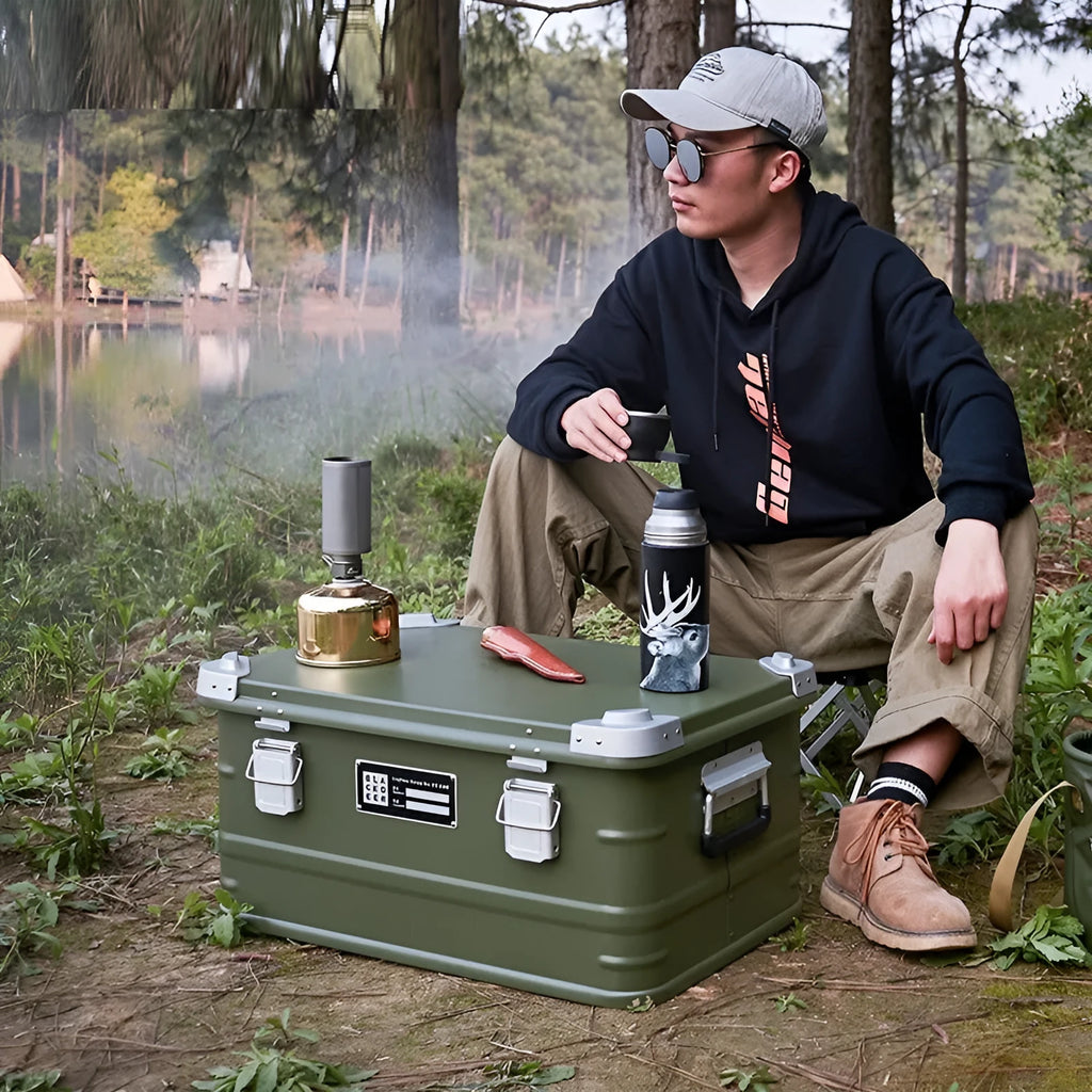 Field Green aluminium alloy outdoor storage box for camping and vehicle-mounted gear, size 58x38x28 cm