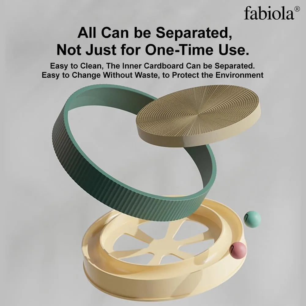 Large green circular cat scratching board with replaceable core and integrated ball toys