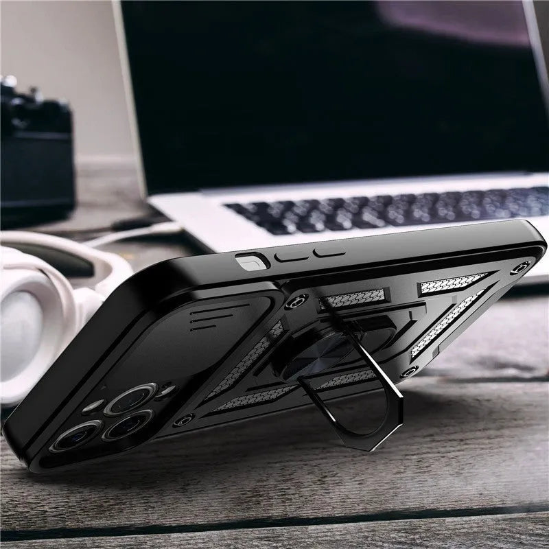 Sergeant sliding window mobile phone case with magnetic bracket in multiple colour options for iPhone devices