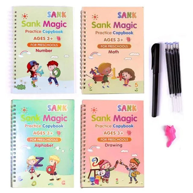 Magic calligraphy practice set showing four A5 books with square slot design, reusable stylus, and refills in black, grey and white colour options