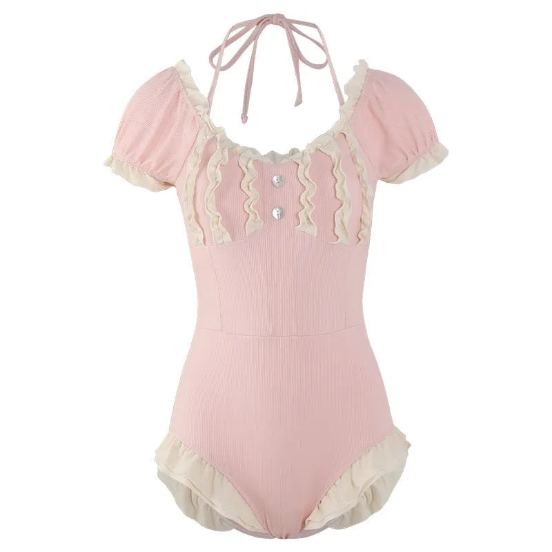 Pink conservative women's one-piece swimsuit in nylon fabric showing front view