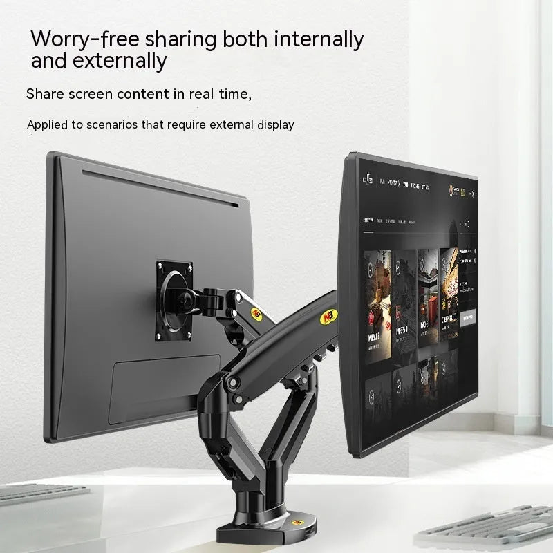 Black dual screen monitor bracket with height adjustment mechanism and VESA mounting compatibility