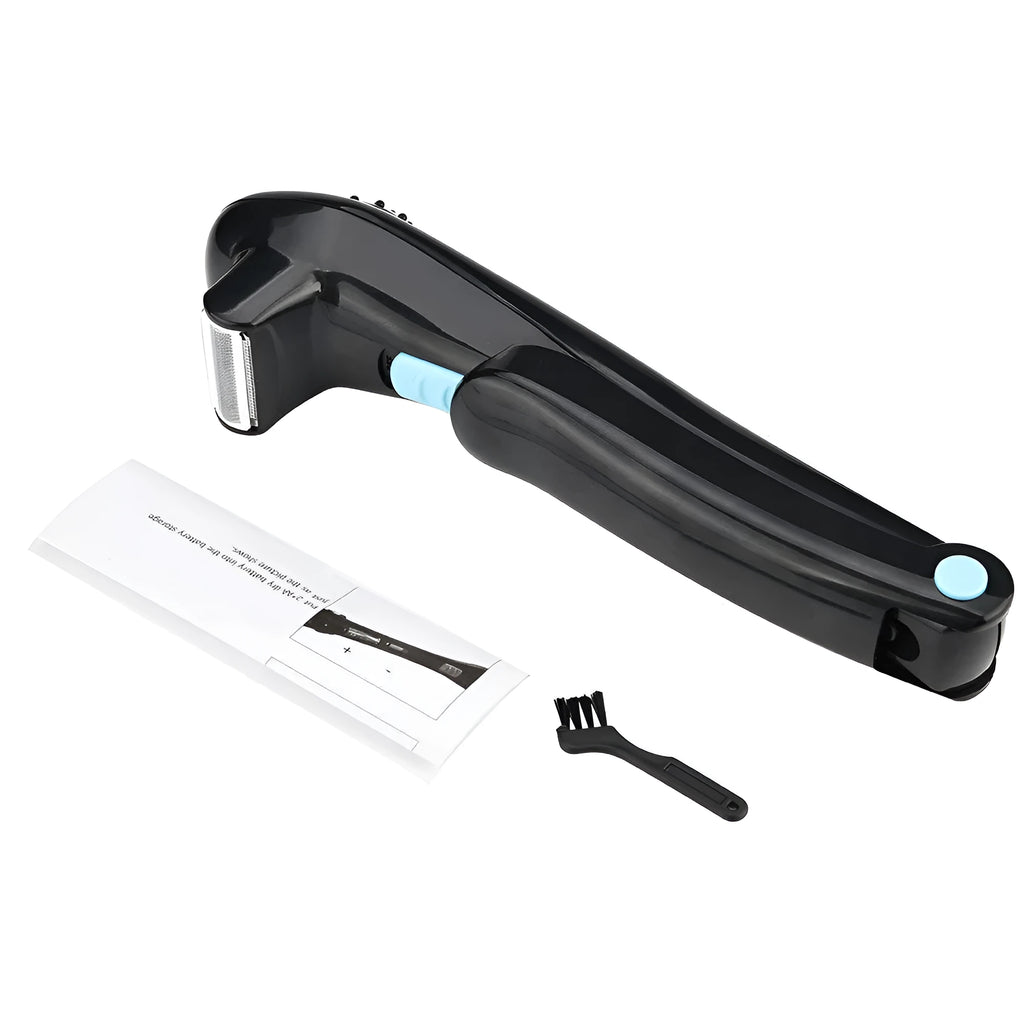 Black folding cordless electric body shaver for women on a white background.