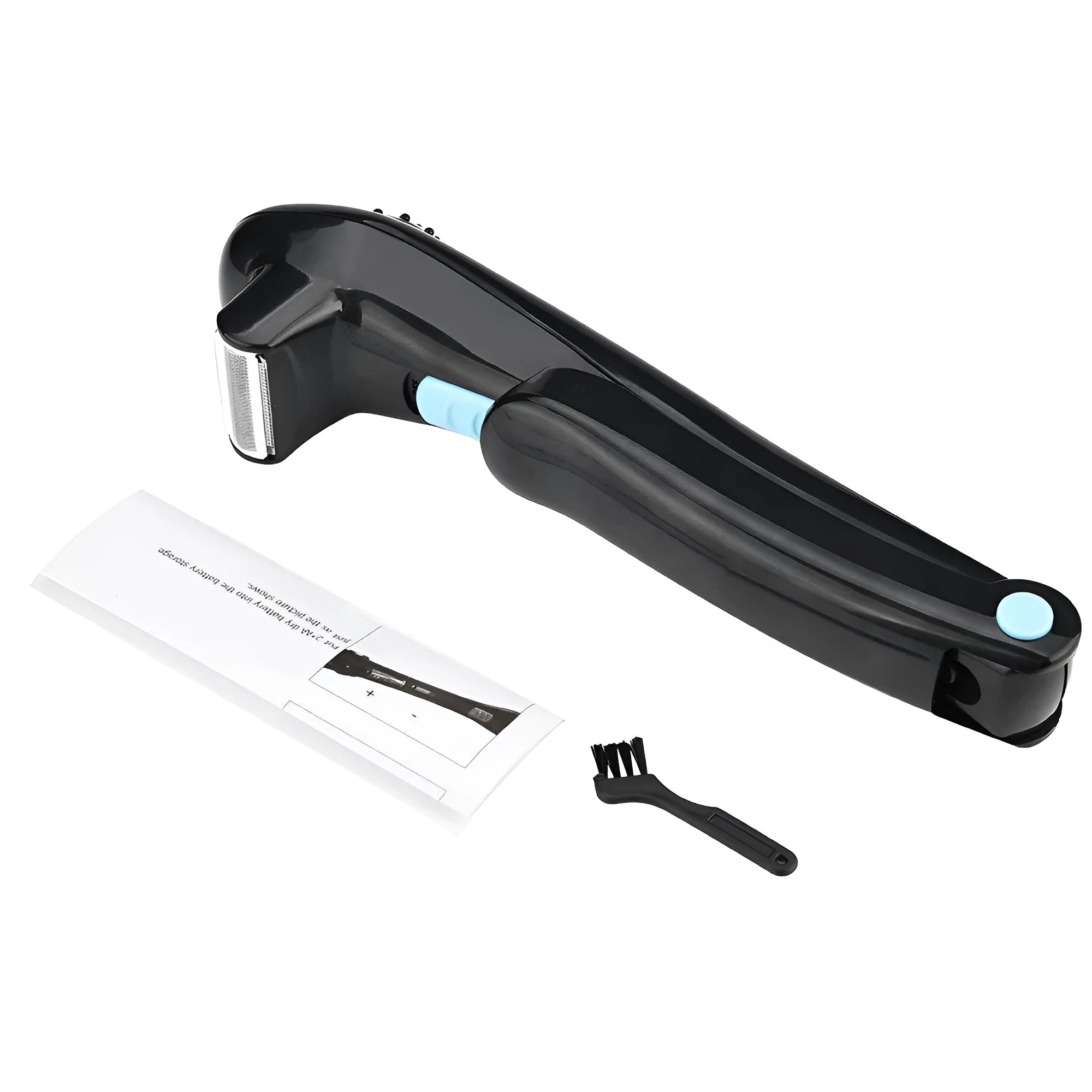 Black folding cordless electric body shaver for women on a white background.