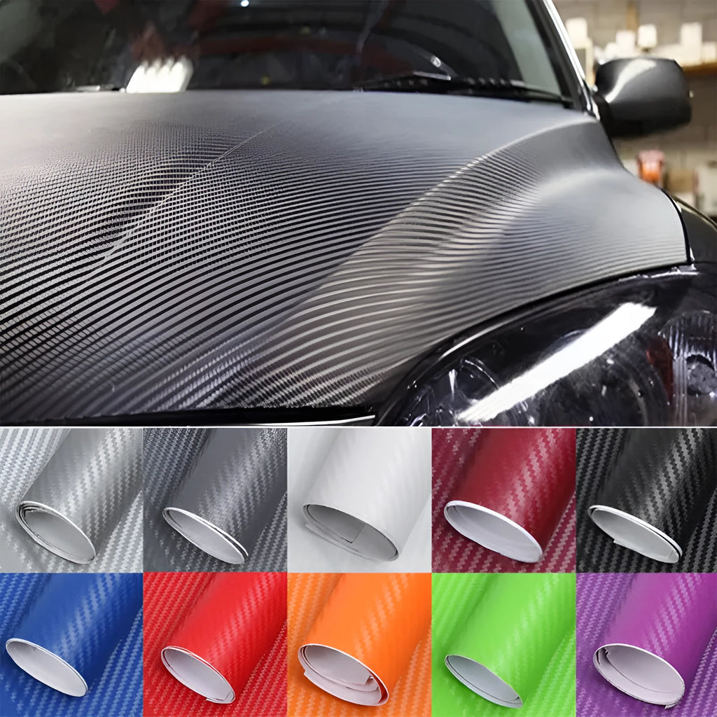 Roll of 3D textured carbon fibre sticker in multiple colours for car interior and exterior decoration.