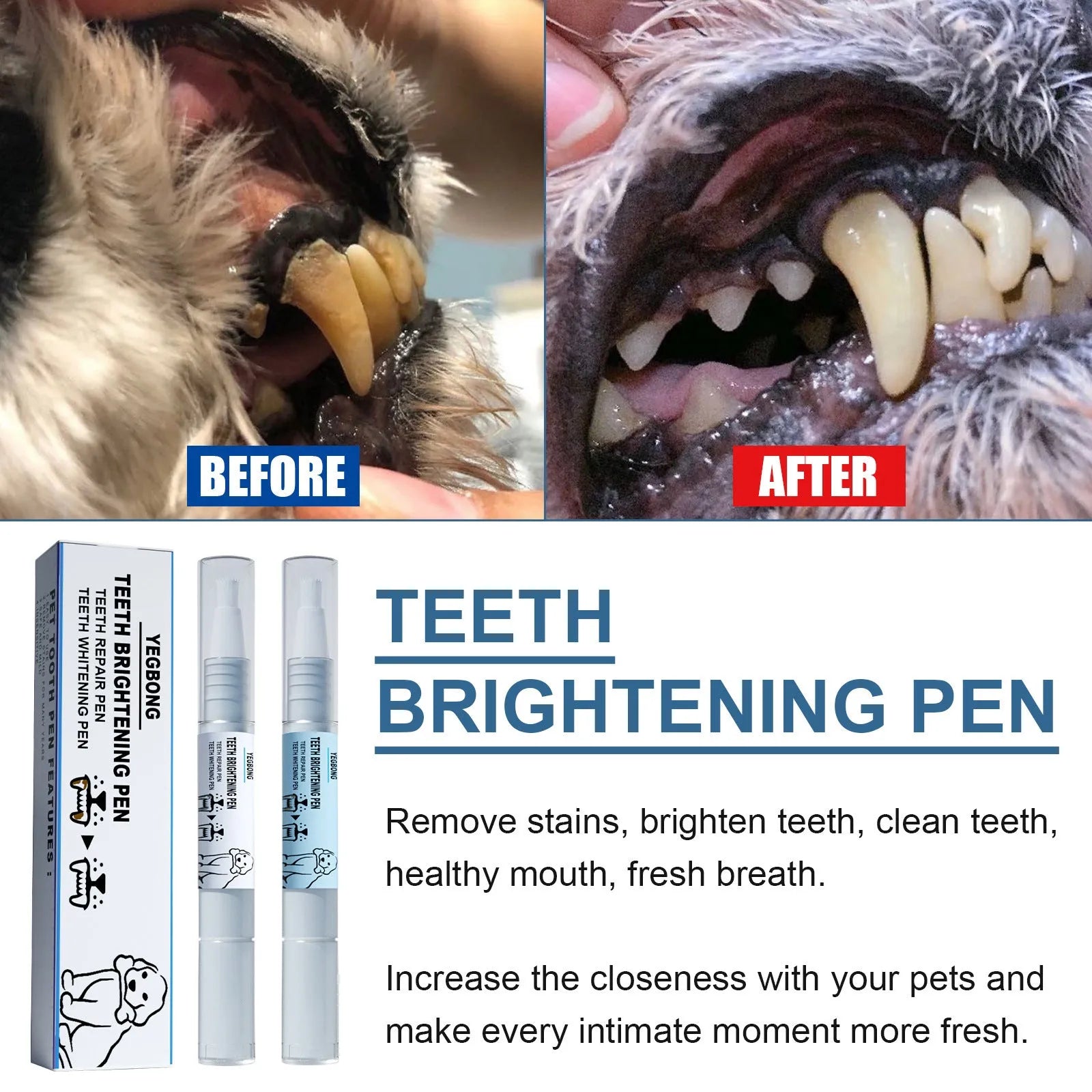 Yegbong pet teeth whitening pen with dental brush applicators for dogs and cats
