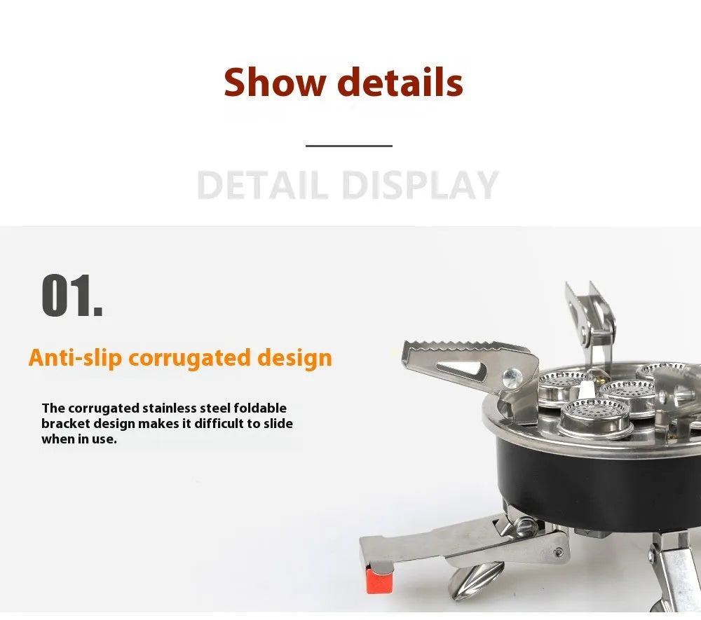 Silver stainless steel portable split camping stove with 100cm hose, folded to 155x125mm
