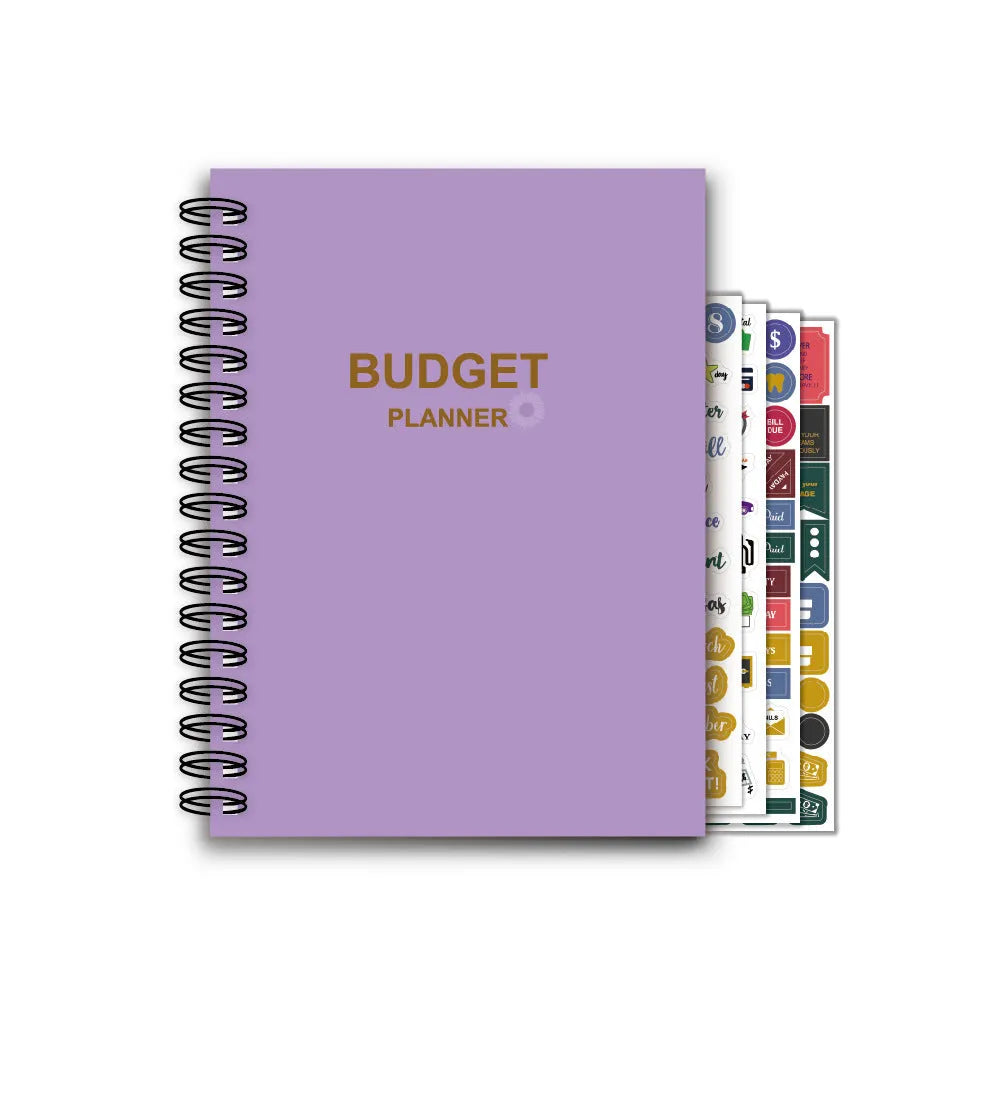 Purple coil-bound budget book set with pen, stickers and paper clips for financial planning