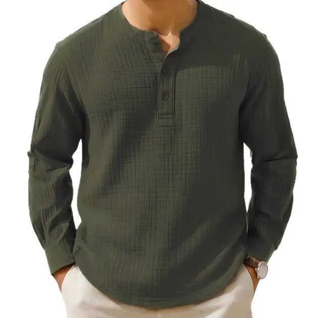 Slim fit long sleeve shirt in linen blend fabric with 3/4 sleeves and round neck, shown in army green.