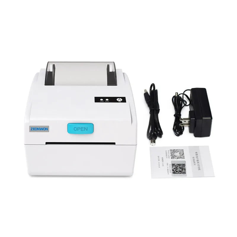 White thermal label printer with USB and Bluetooth connectivity for shipping labels