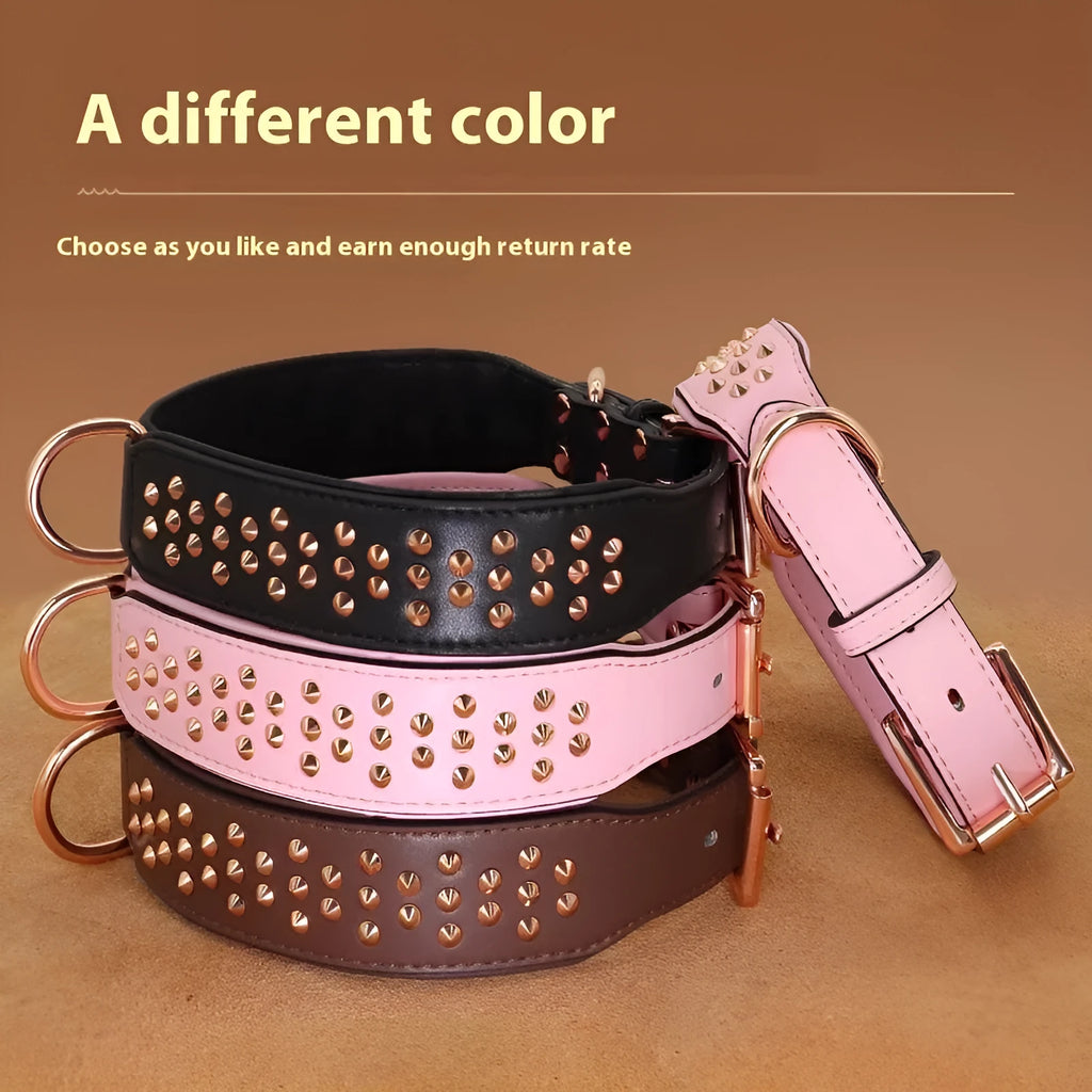Leather dog collar with anti-bite rivets in black, chocolate, and pink colour options