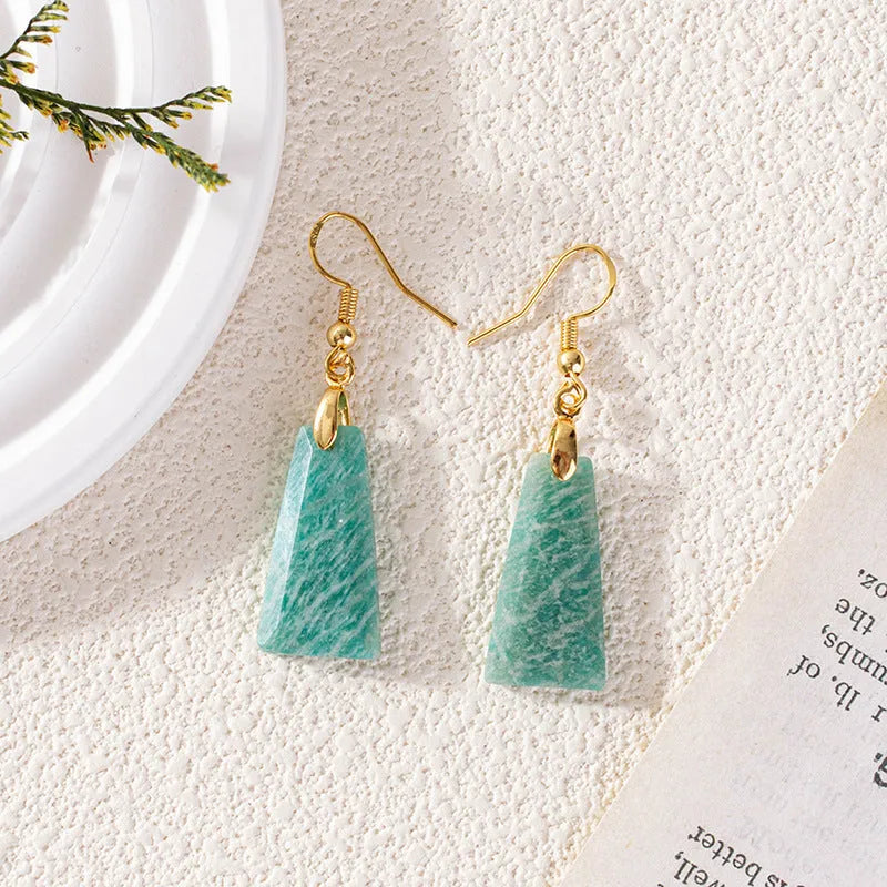 Amazonite trapezoid geometric earrings with rough stone cutting in gold tone setting