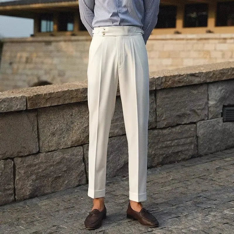 Men's slim fit straight-leg suit trousers in black, white, and apricot colours on a size chart background.