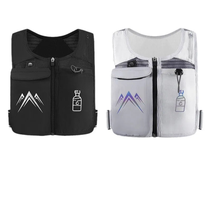 Breathable grey sports running vest with a front mobile phone pouch and a separate black water bottle bag.
