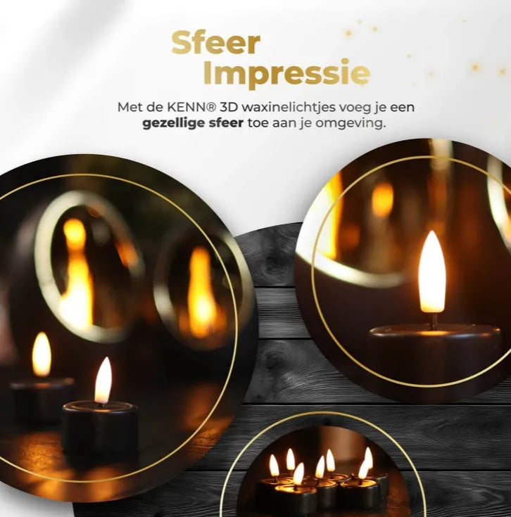 Four black S10 LED tealight candles showing flickering flame effect