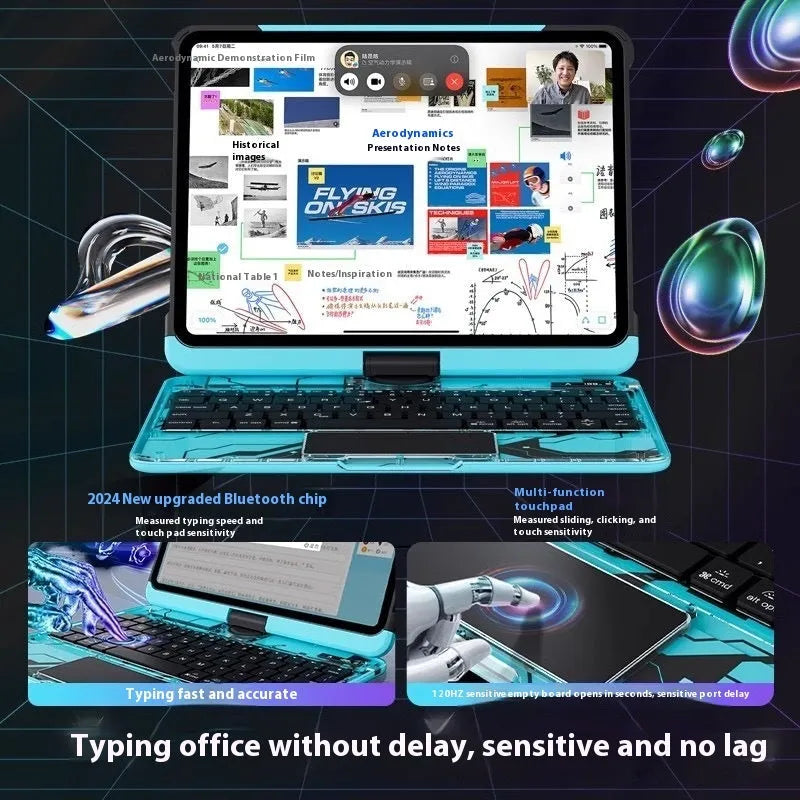 Blue detachable keyboard protective case for Apple iPad Pro 13 inch tablet with stylus holder slot.