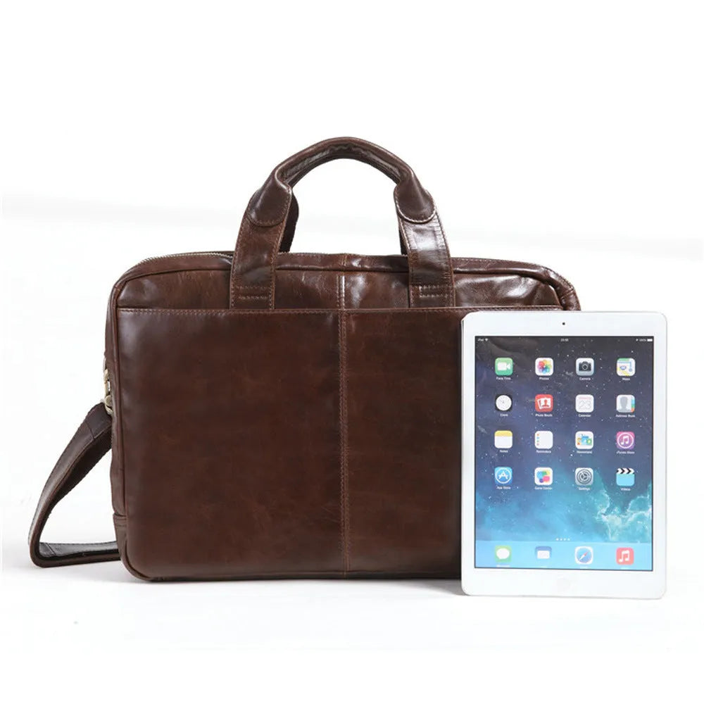 Brown cowhide leather business briefcase with 18-inch size for laptop and document organisation