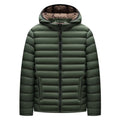 Men's lightweight down cotton-padded hooded jacket in cardigan style with detachable collar.