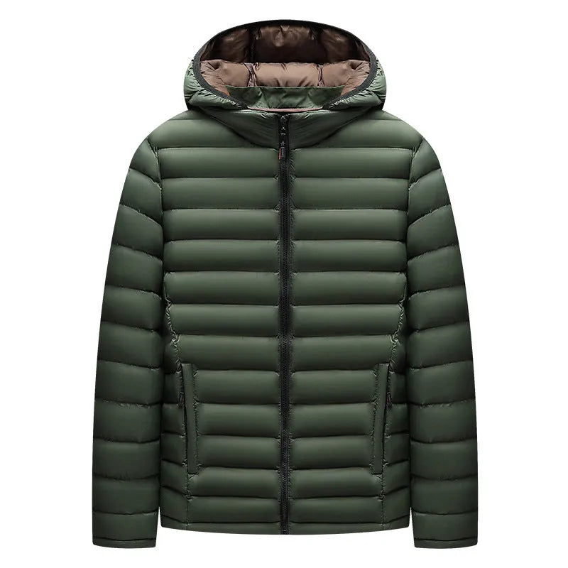 Men's lightweight down cotton-padded hooded jacket in cardigan style with detachable collar.