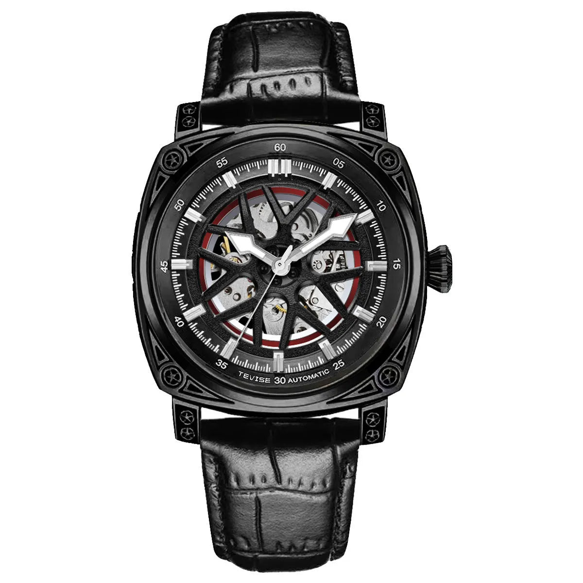 Men's automatic watch with stainless steel case and blue leather strap