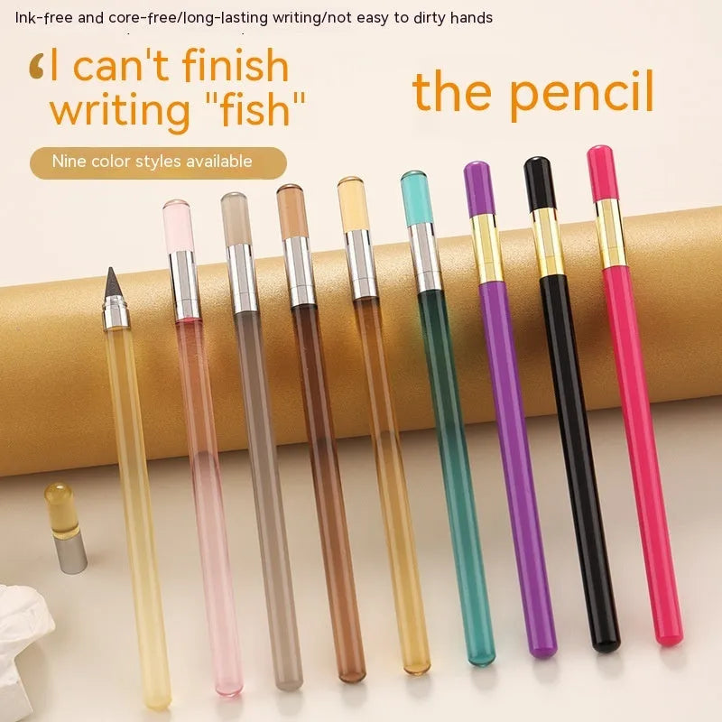 Transparent acrylic eternal mechanical pencil with alloy tip shown in multiple colour options