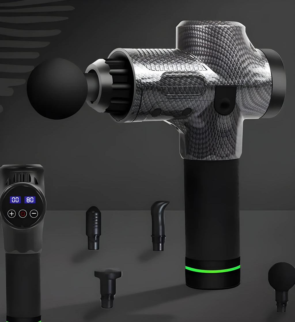 Black electric muscle massage gun with multiple attachment heads on grey background